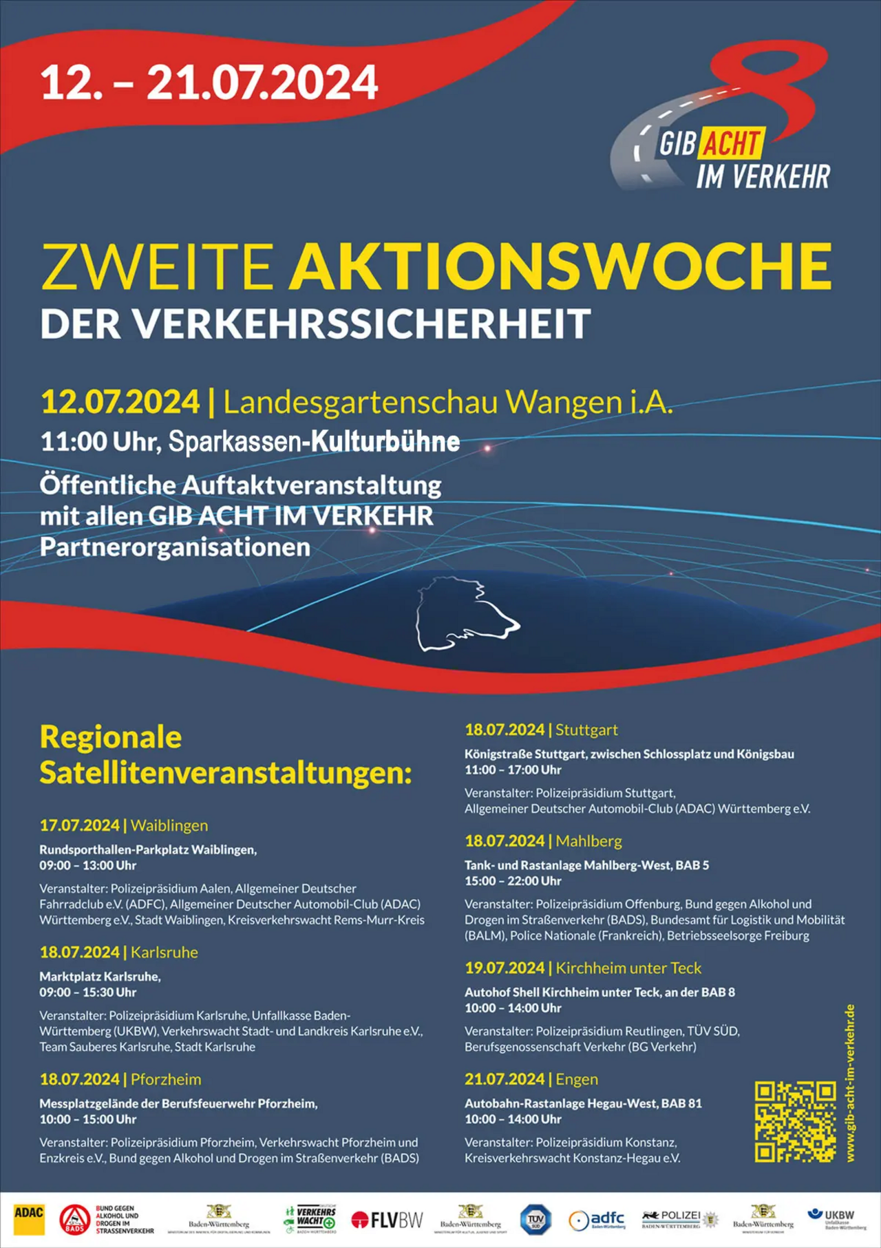 Plakat mit Informationen zur zweiten Aktionswoche der Verkehrssicherheit in Baden-Württemberg, einschließlich regionaler Satellitenveranstaltungen.