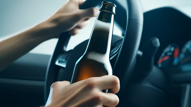 Hand hält ein alkoholisches Getränk am Lenkrad eines Autos.