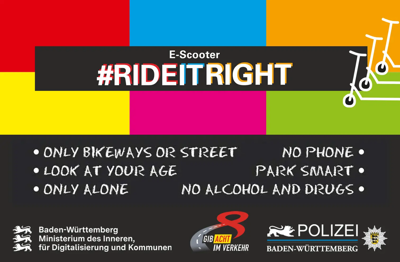 kampagne ride it right plakat mehrfarbig mit sechs botschaften