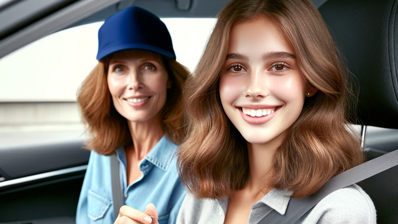 Zwei junge Frauen halten Führerschein hoch und lächeln 