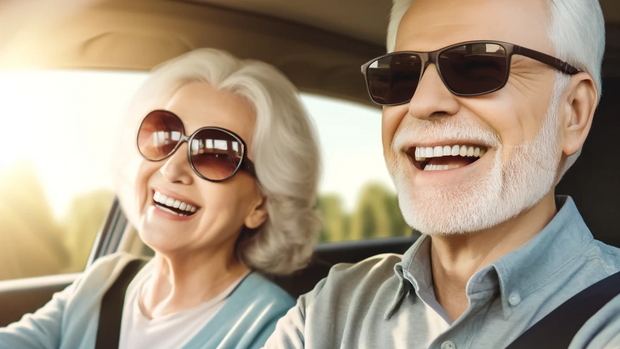 Älteres Paar fährt Auto, beide lächeln und tragen Sonnenbrillen.