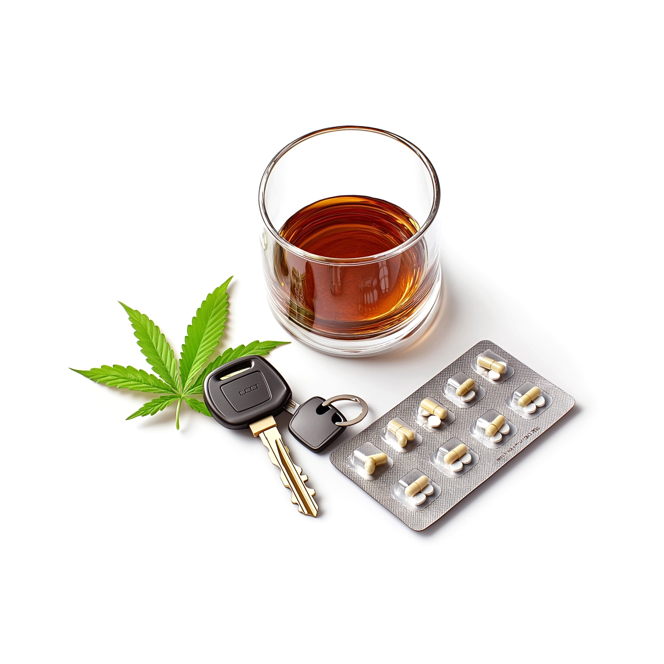 Abbildung von Alkohol, Cannabis und Tabletten mit Autoschlüssel.